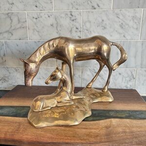 Vintage Mid Century Brass Sculpture of Mama and Baby Horse, Mare and Foal